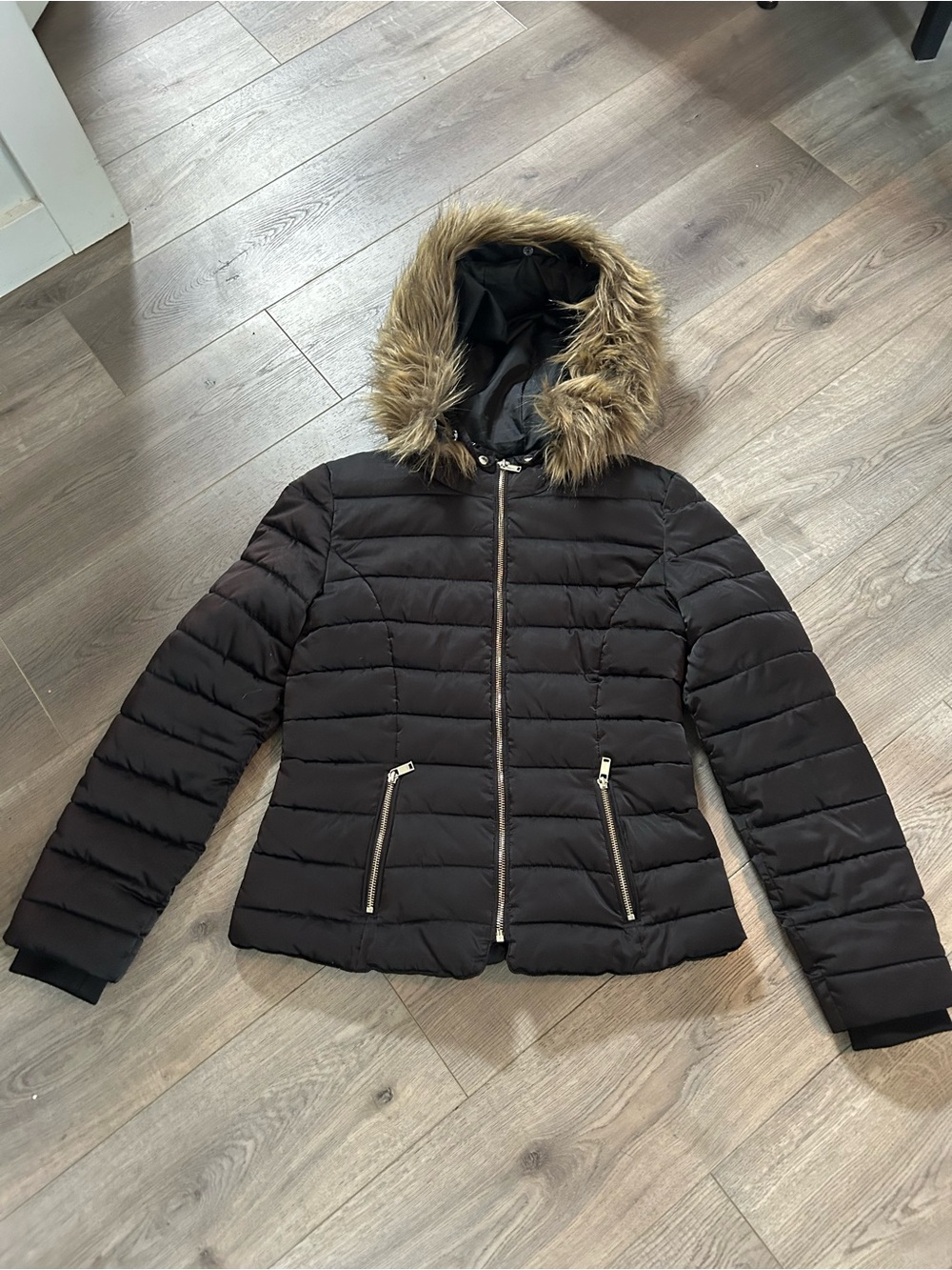 H&M Black Quilted Puffer Jacket with Faux Fur Hood